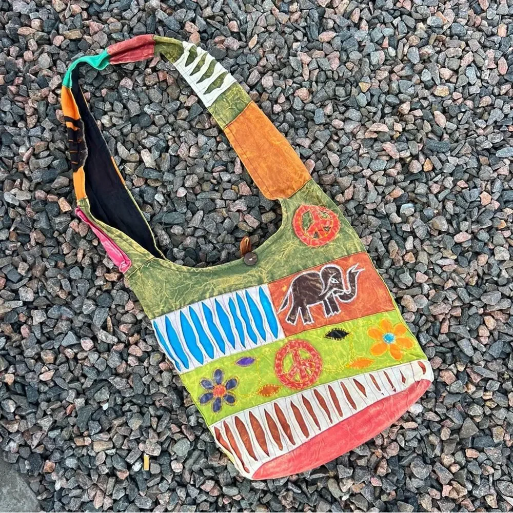 Hippie Boho Cotton Batik Patchwork Razor Cut Shoulder Bag Elephant Peace Flower